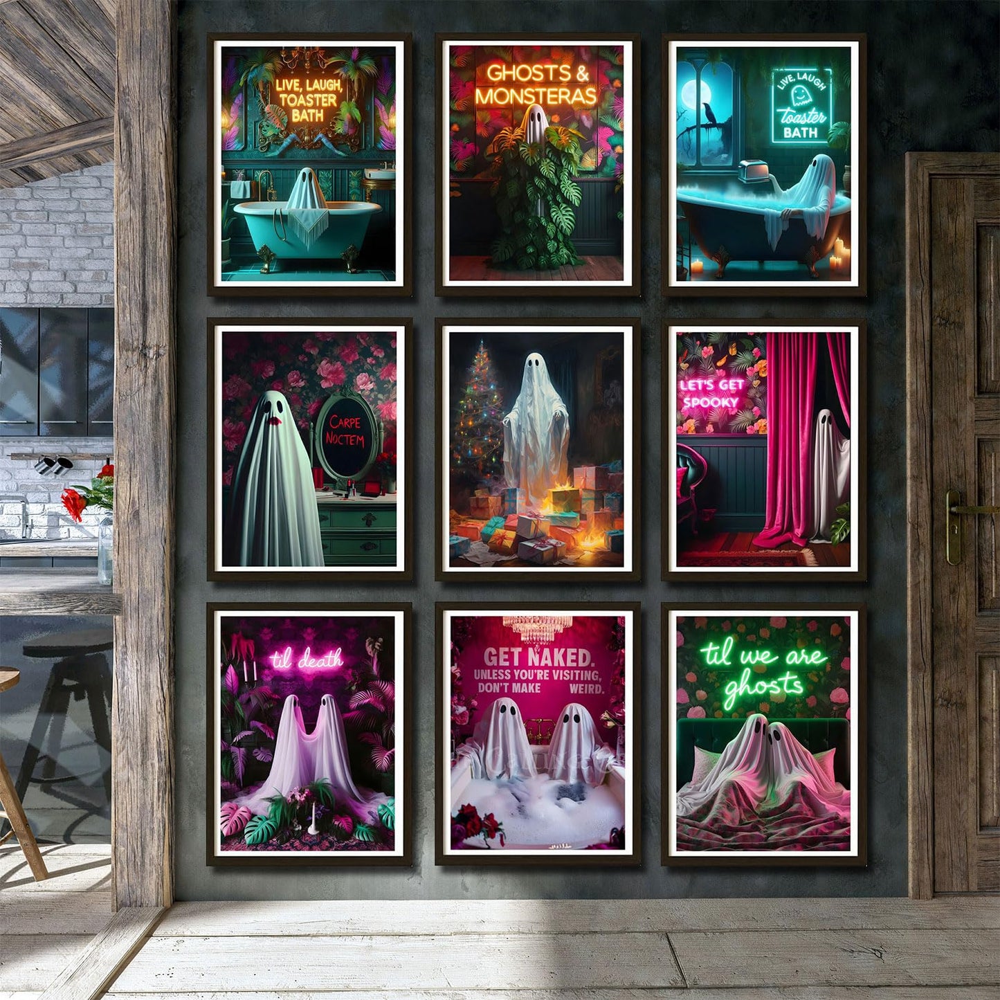 9Pcs Halloween Ghosts Canvas Wall Art Fashion Funny Gothic Romantic Couple Cute Ghost Wall Decor Pictures Horror Creepy Dark Academia Posters Prints for Modern Home Hotel Room Decoration Unframed