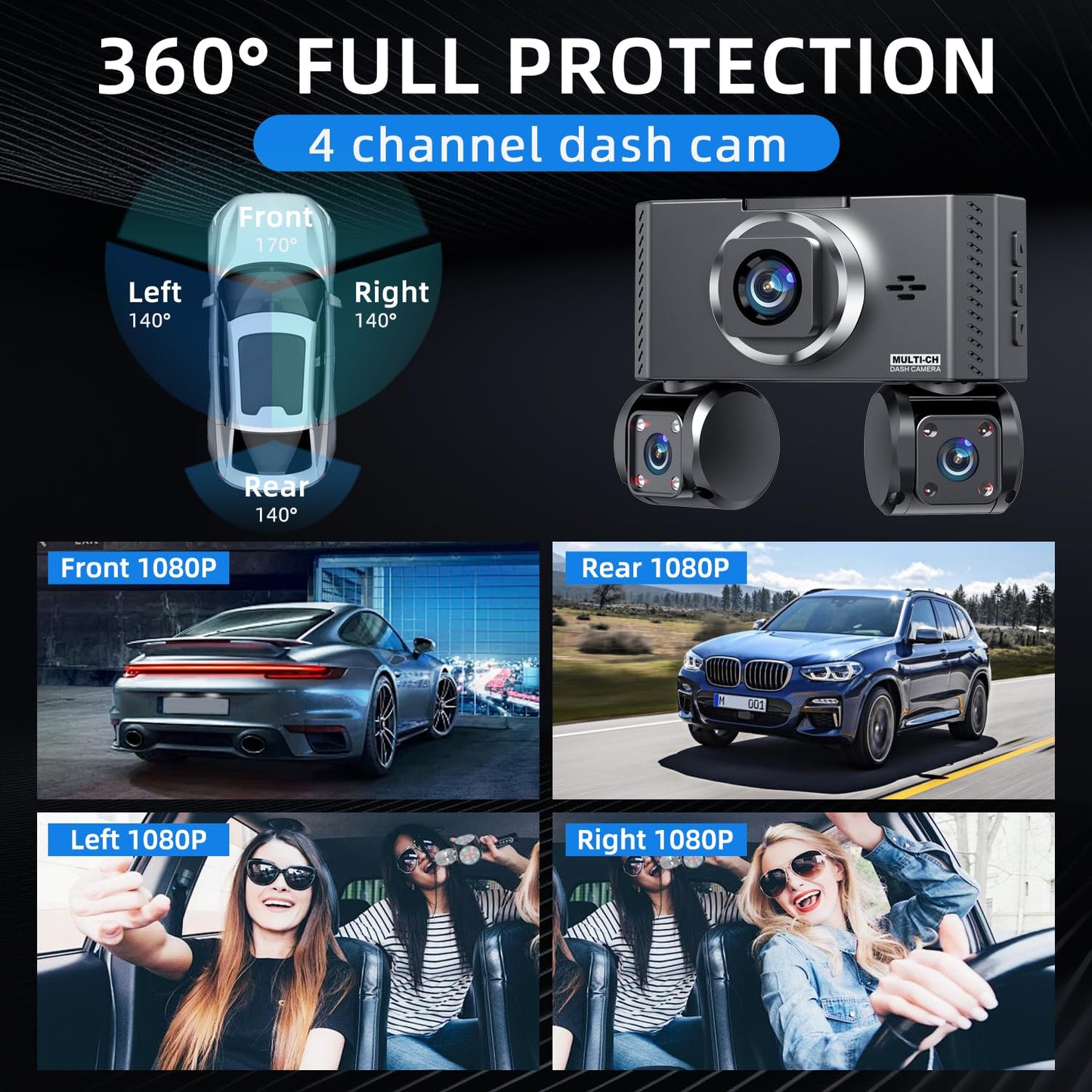 360° View 4 Channel Dash Cam Front and Rear, Dash Camera for Car with 3.16" IPS Touch Screen, 8 IR Night Vision, 5G WiFi&GPS,APP Control, G-Sensor, Loop Recording, Parking Mode, 64GB Card