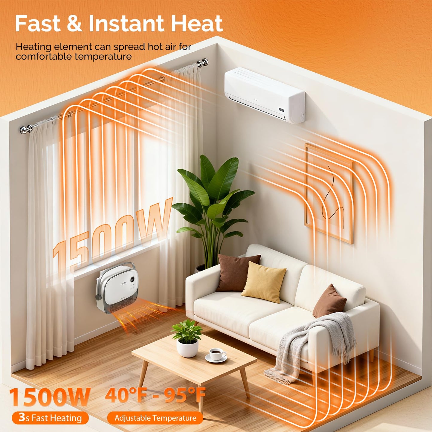 ROVSUN 1500W Wall Heater with Remote Control, Freestanding & Wall-Mounted Electric Space Heater with Portable Handle, 12H Timer, PTC Heating Elements, for Indoor Use, Bedroom, Office, Home, 1 Pack