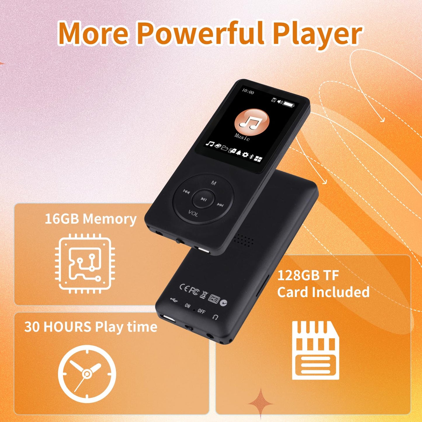 128GB MP3 Player with Bluetooth - Portable Music Player for Kids - with Built-in HD Speaker, Voice Recorder, HiFi Sound, E-Book (Included Earphones)