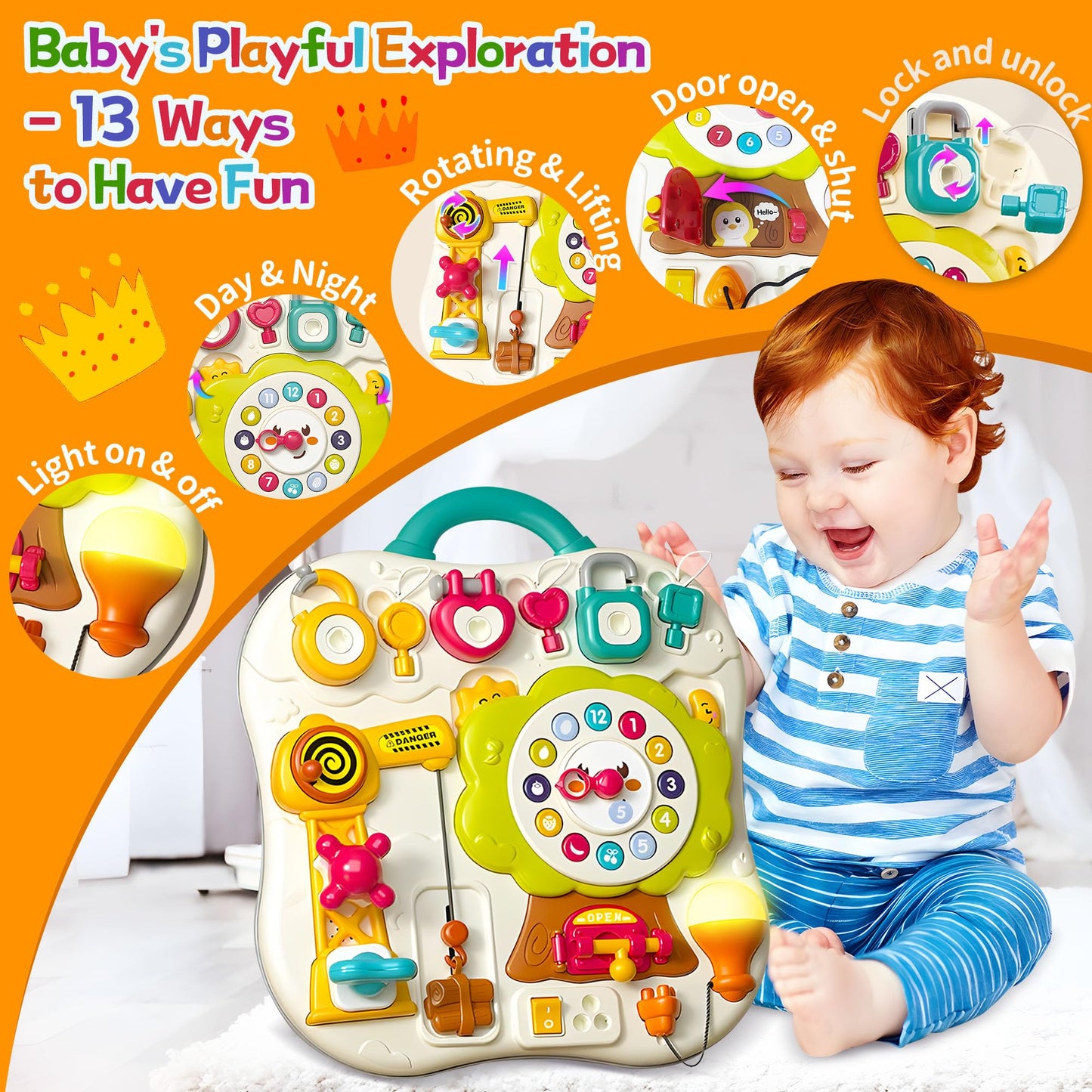 100PCS Baby Blocks Set with Storage Bucket, Building Block Toys STEM Educational Toddler Gifts and Montessori Busy Board Sensory Toys for Toddlers 1-3, 13 Activity Music & Led Light Up Montessori Toys