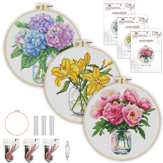 3 Pack Cross Stitch Kits for Beginners, Flower Stamped Cross Stitch Kits for Adults with Embroidery Hoop, Embroidery Kit 11CT Easy Partial Cross-Stitch Arts and DIY Crafts for Adults Home Decor