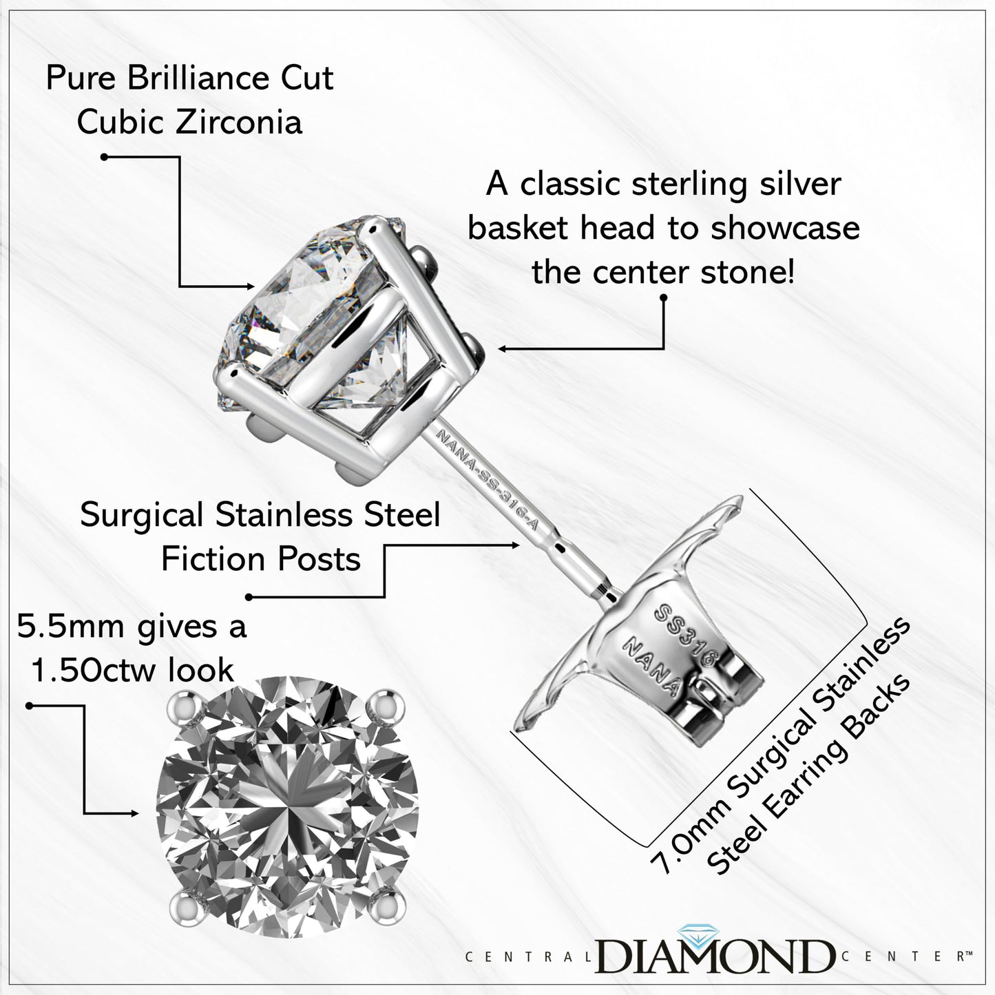 Central Diamond Center Round Simulated Diamond Stud Earrings Hypoallergenic Metal & Sterling Silver CZ - 5.50mm (1.50cttw) Rose