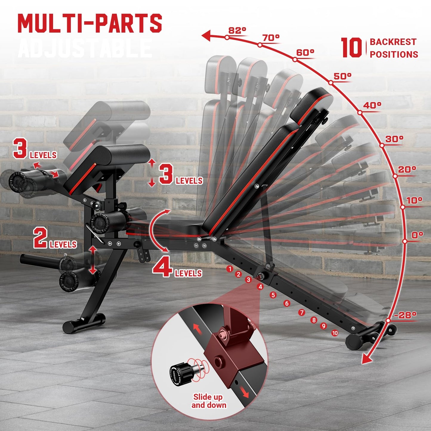 XDDIAS Workout Bench, Adjustable Weight Bench with Leg Extension and Leg Curl, Extended Headrest, 900LBS Preacher Curl Bench, Included 2 * 10LBS+2 * 25LBS Weight Plates