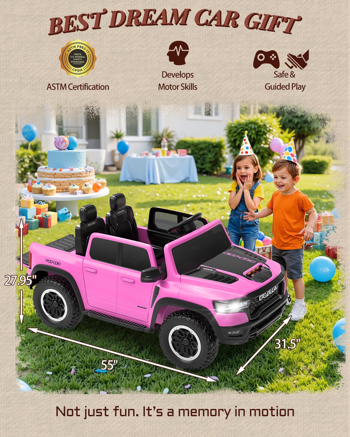 First Ride On 24V Ride On Toys for Big Kids, RAM 1500 2 Seater Ride on Car w/Remote, Battery Powered Truck w/ 4 Wheels Suspension, Toddler Car w/Bluetooth, LED Lights, Trunk