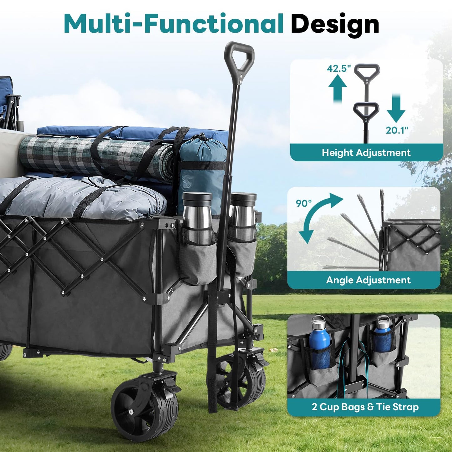 DUMOS 49''L Collapsible Extended Wagon with 440LBS Capacity, Heavy Duty Wagons Garden Cart with All-Terrain Big Wheels & Drink Holders, 250L Foldable Carts for Sports, Shopping, Camping, Grey