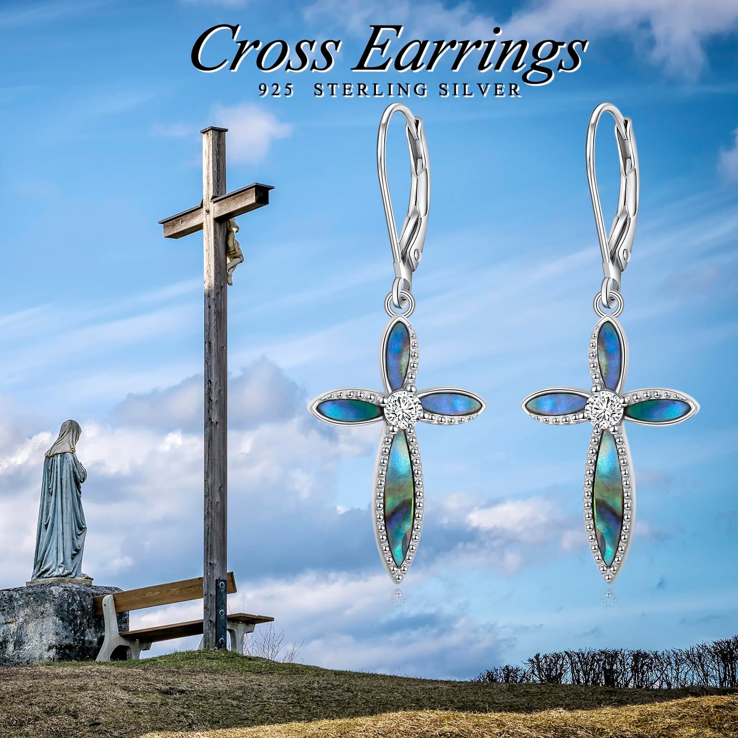 SHAOAN 925 Sterling Silver Cross Dangle Drop Earrings for Women Abalone Shell Leverback Earring Jewelry Gifts for Birthday Anniversary Mother’s Day
