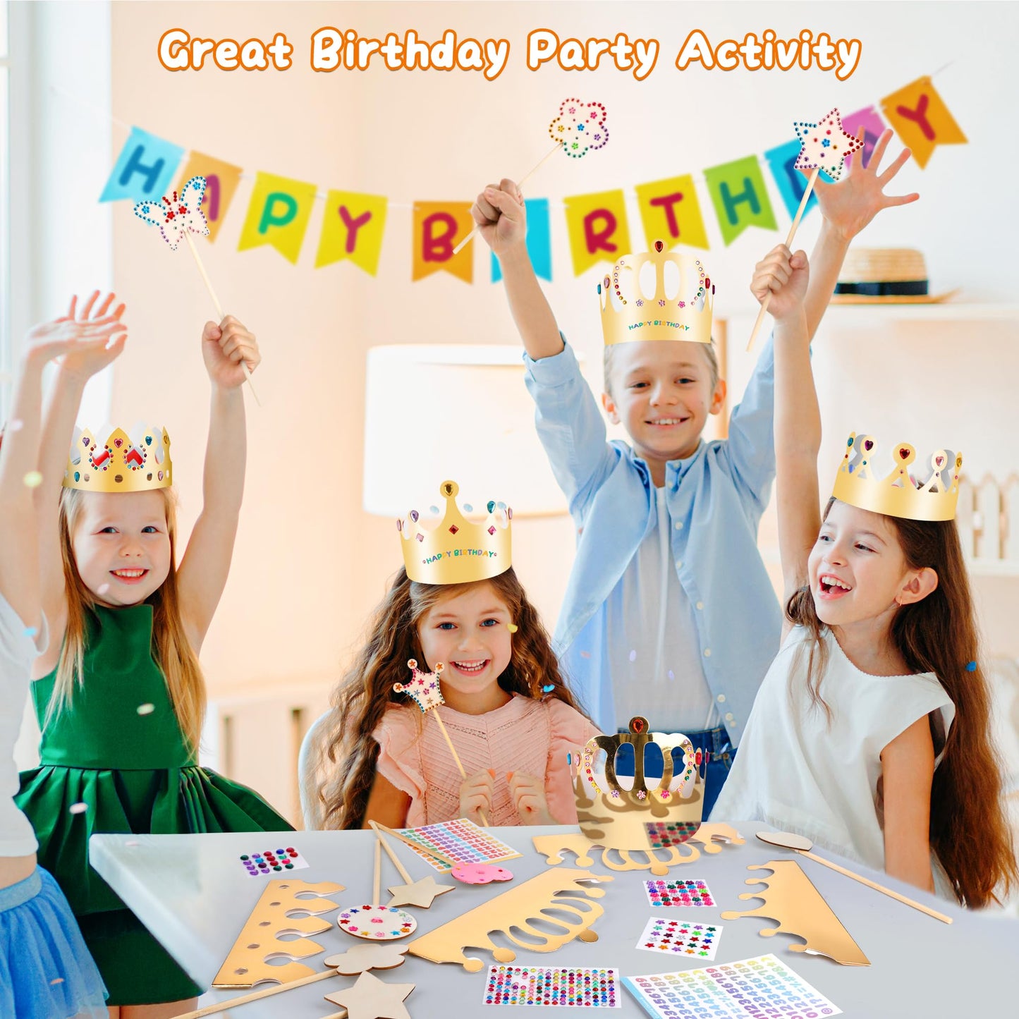 Pllieay Princess Fairy Wands Kit Include 18 Pieces 6 Styles Unfinished Wooden Princess Wand,Gold Paper Crowns, Gem Stickers, Letter and Number Stickers, Princess Art Magical Show for Party Supplies