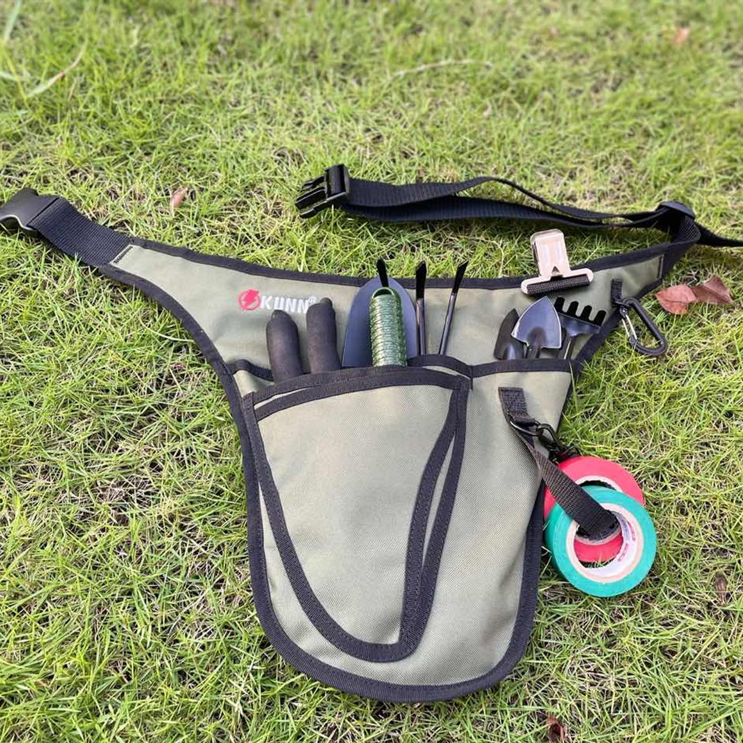 KUNN Garden Tool Belt,Durable Adjustable Tool Belt Waist Pouch with 4 Pocket for Women Men Gardeners Florist Army Green