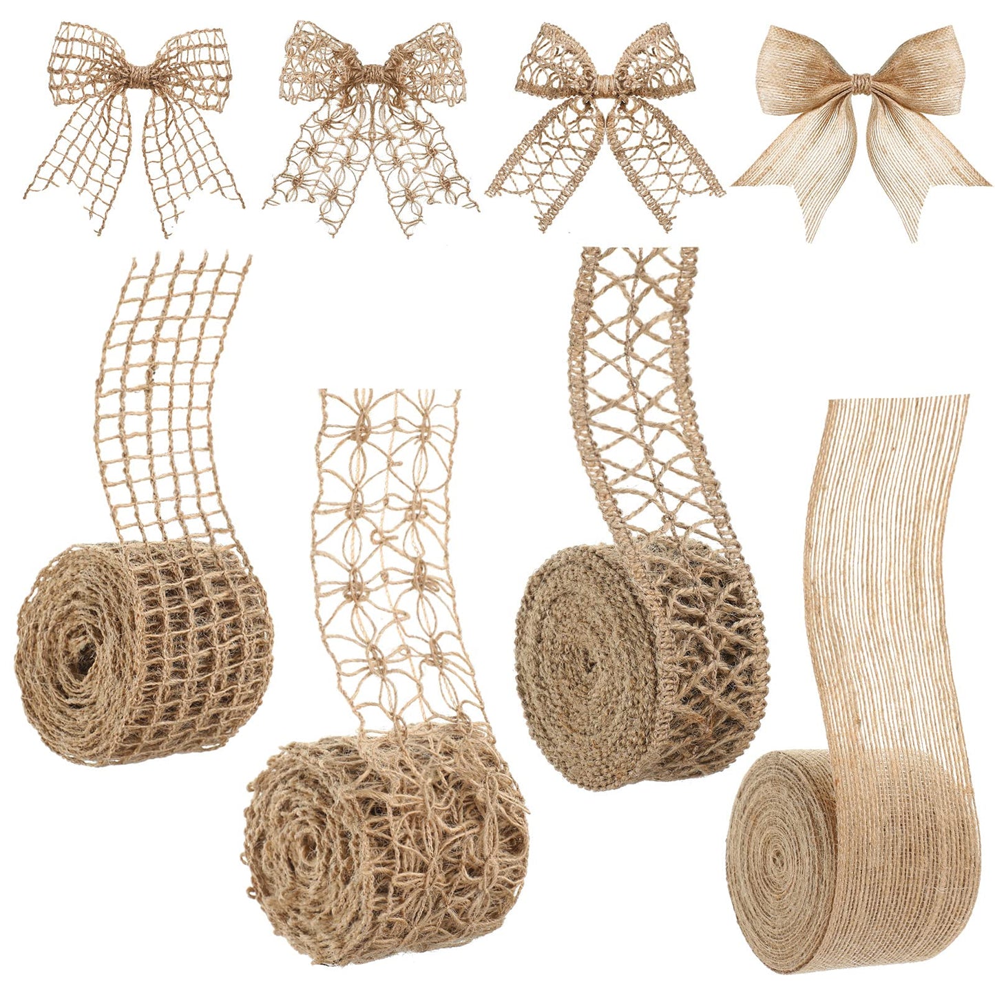 4 Rolls Burlap Ribbon Wired Natural Jute Burlap Lace 1.6-2 Inch x 16.4 Yard Wrapping Ribbon for Crafts, Big Bows, Spring Outdoor Decoration, Wedding Gift Wrapping, Wreath, Holiday Party DIY Home Decor