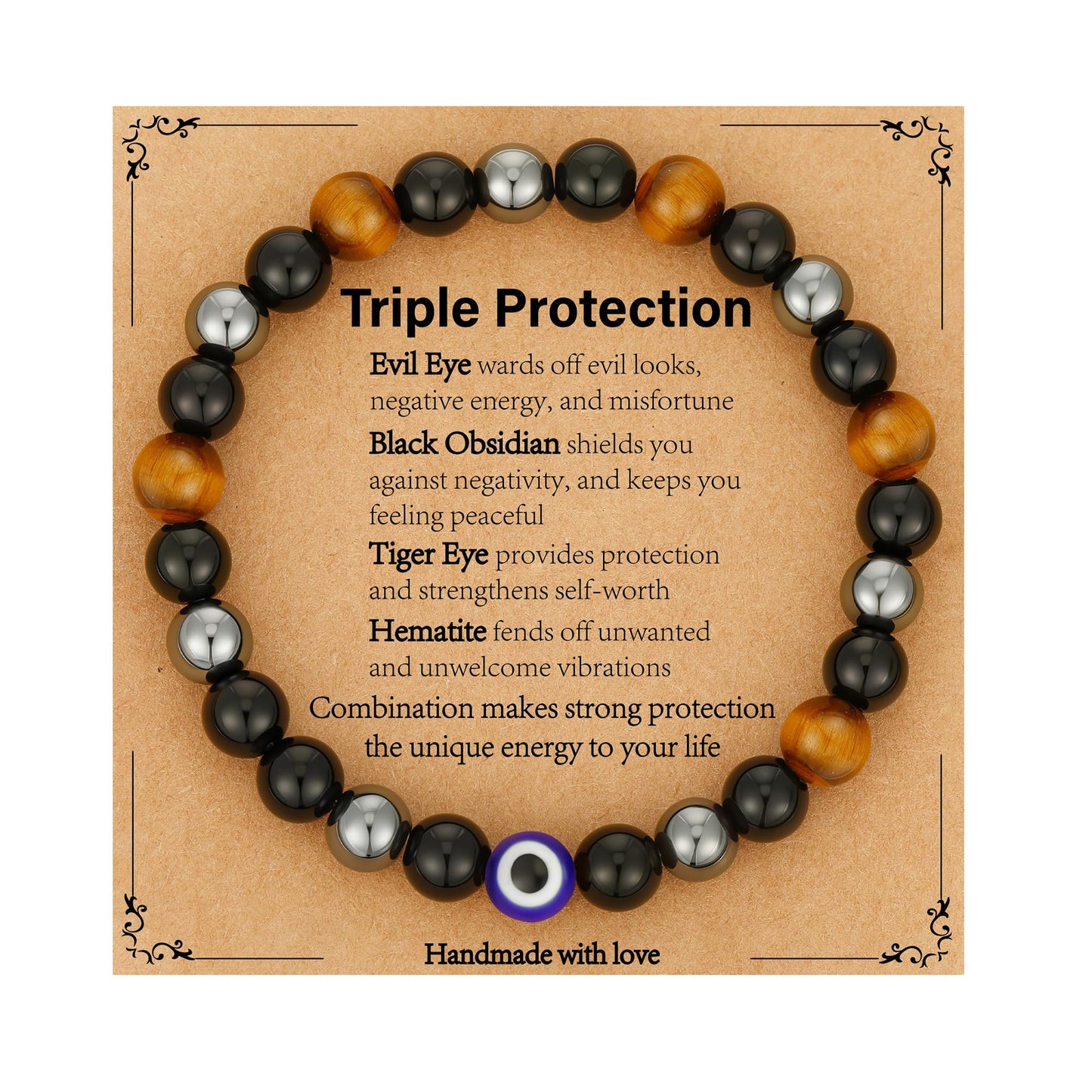 Gnamy Triple Protection Beaded Bracelet Gifts for Men, Tiger Eye Hematite Black Obsidian Evil Eye Bracelets Christmas Birthday Valentines Anniversary Healing Sobriety Jewelry Gifts for Husband Dad Boyfriend Brother Him