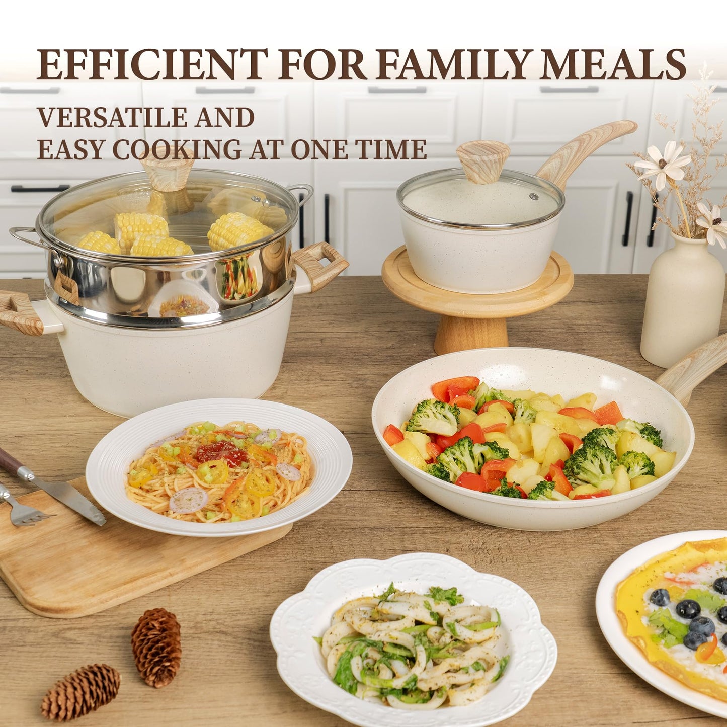 26Pcs Pots and Pans Nonstick Ceramic Cookware Set Nontoxic Kitchen Cooking Set with Steamers Utensils Induction Compatible, PFAS/PFOA Free, Oven and Dishwasher Safe, Cream White