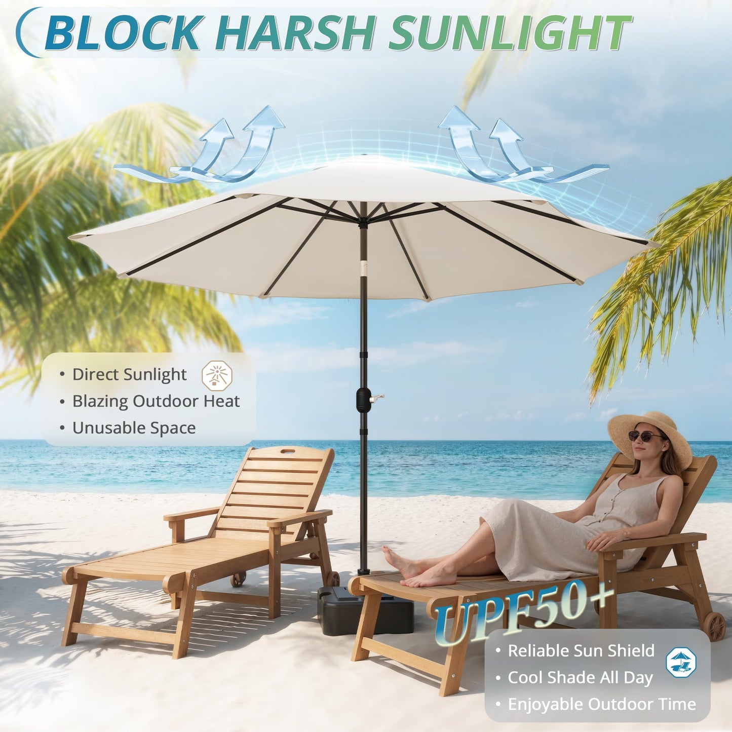 LUE BONA 10FT Patio Umbrella, Waterproof Outdoor Market Umbrella with Easy Crank & Tilt, Patio Table Umbrella for Deck Garden Backyard Pool, Beige