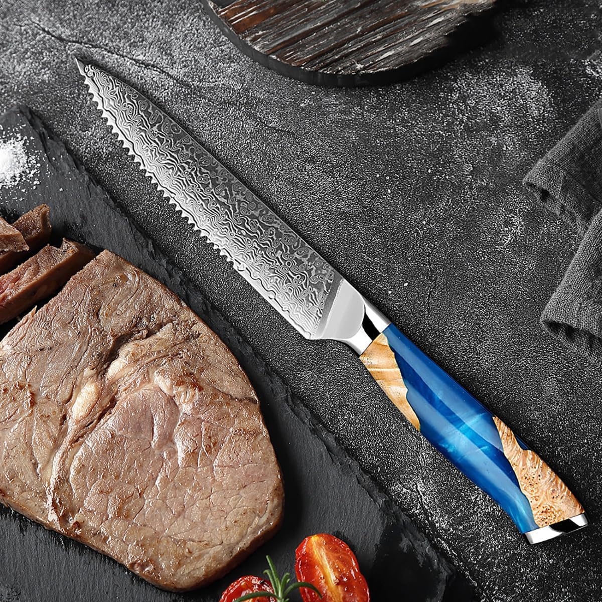 ZILNEHZ Damascus Steel Steak Knife, Resin Wood Handle, Stainless Steel Western Style Steak Knives of 4, Kitchen Serrated Set Knife Slicing & Cutting