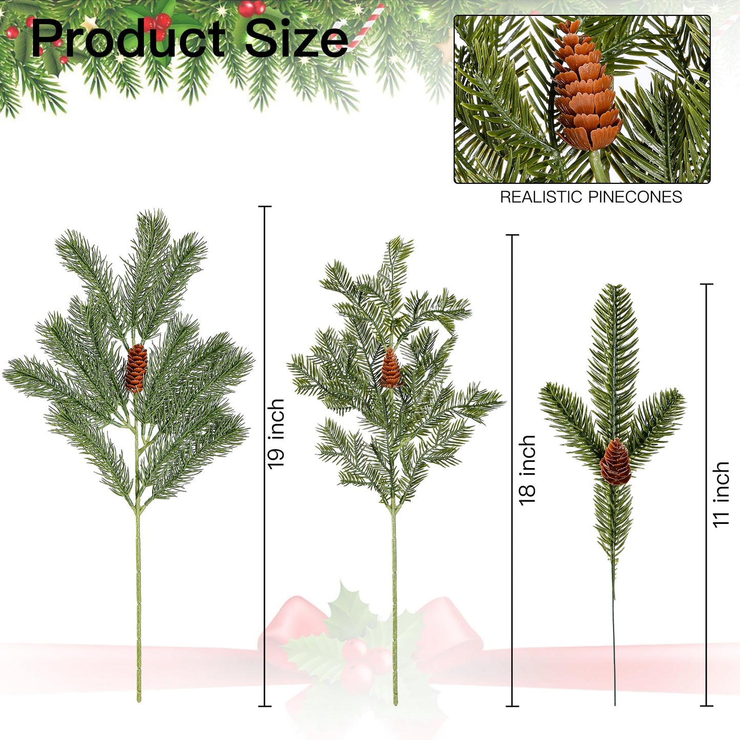 Sggvecsy 34 Pcs Artificial Pine Branches Faux Pine Needles with Pine Cones 19’’ Long Greenery Pine Picks Christmas Twigs Stems for DIY Garland Wreath Xmas Embellishing Home Garden Decoration