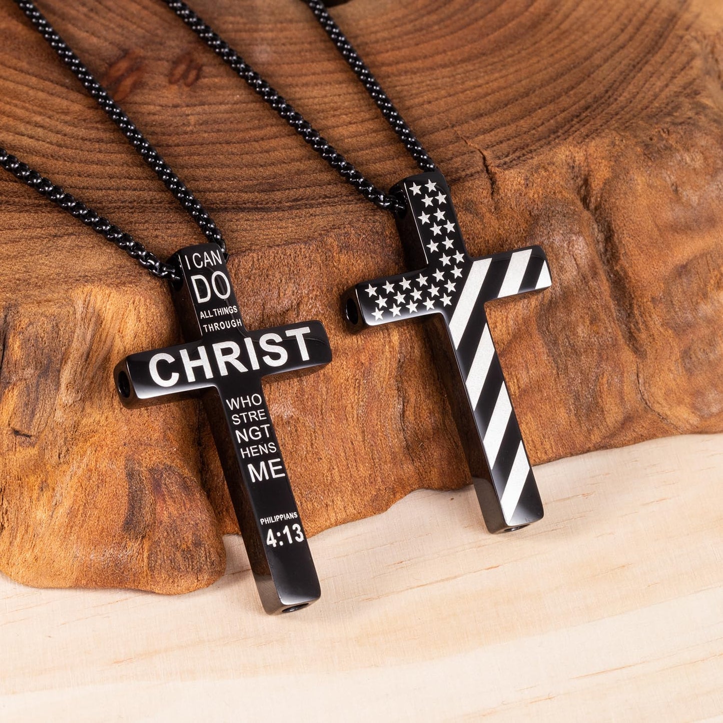 FUNPAR American Flag Cross Breathing Necklace, Stainless Steel Patriotic Jewelry, Inspirational Bible Verse Cross Necklace, Anxiety Relief Items for Men Christian Gift(Black 4:13)