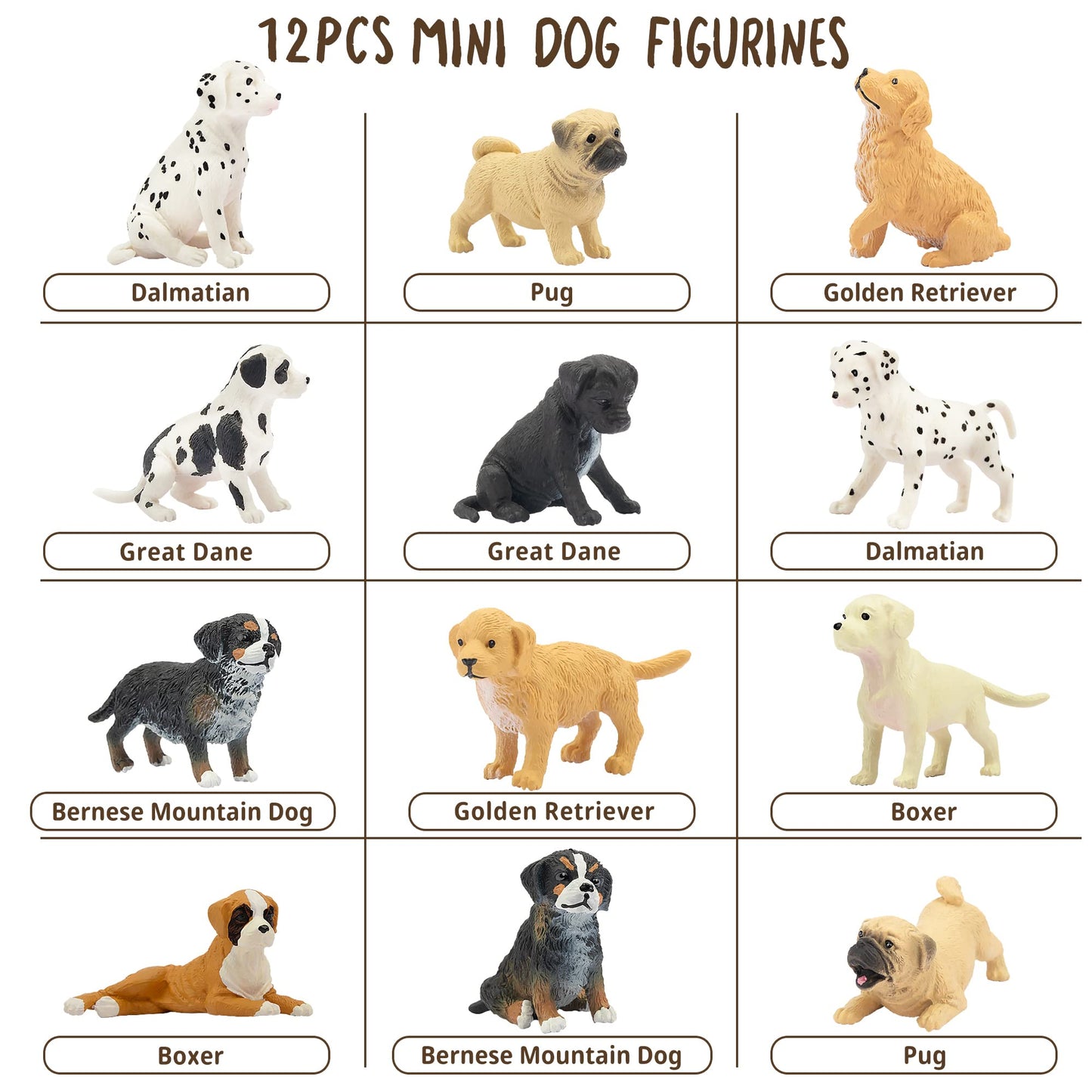 Toymany 12PCS Mini Dog Figurines Playset, Realistic Detailed Plastic Puppy Figures, Hand Painted Emulational Tiny Dogs Animals Toy Set, Cake Toppers Christmas Birthday Gift for Kids Toddlers