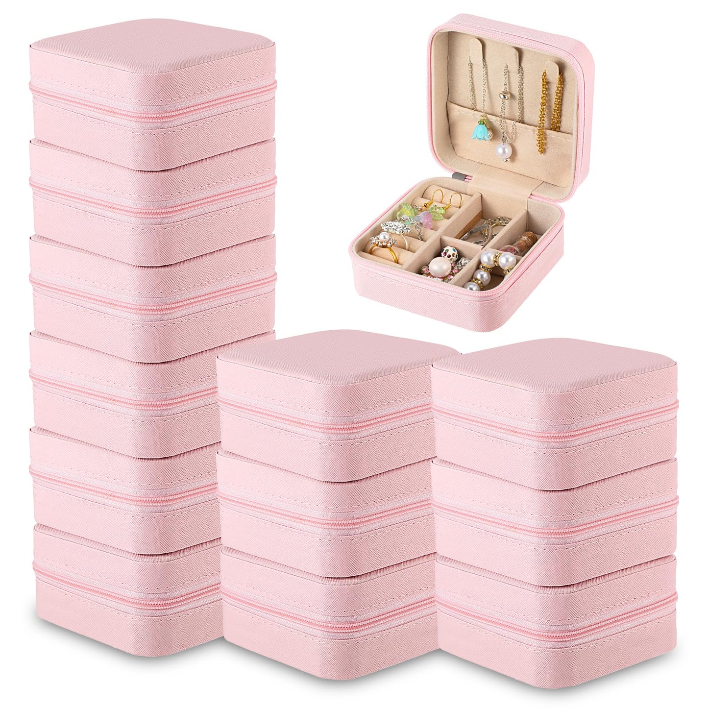 SHENLIU 12 Pack Mini Pink Travel Jewelry Case Bridesmaid Proposal Gift Boxes, 3.74 x 3.74 x 1.81 inches Small Leather Portable Jewelry Earring Organizer for Women Girls Travel Accessories