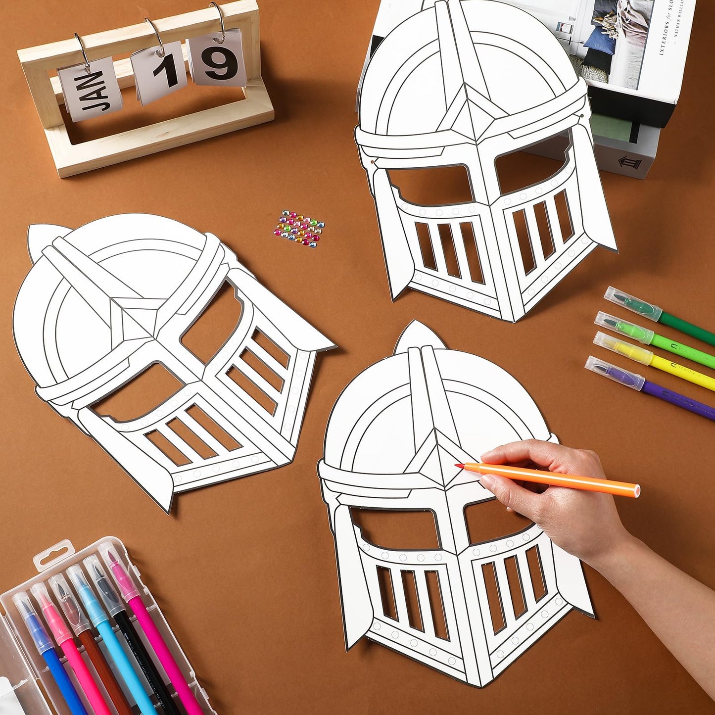 Blueweenly 24 Pack Color Your Own Knight Mask Craft Kit DIY Knight Paper Mask Party Favors Crafts for Kids and Fun Home Activities Party Dress up Theme Supplies