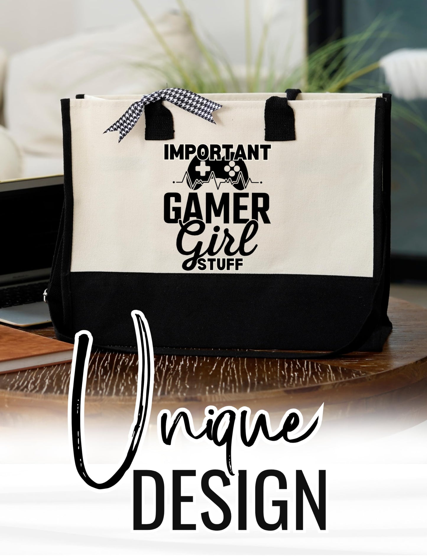 InnoBeta Gamer Gifts for Women & Gamer Girls, Canvas Tote Bag on Christmas or Birthday, Tote with Top Zipper Closure and Shoulder Strap