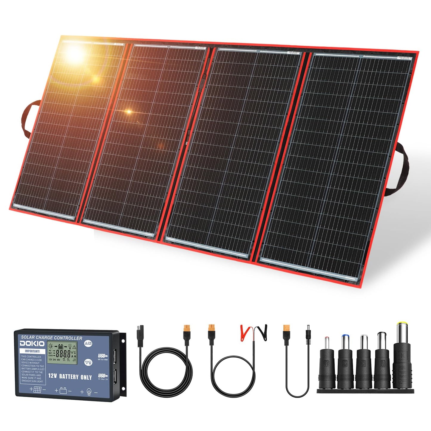 DOKIO 300W Portable Foldable Solar Panel Kit (20x38in, 15.3lb), with Separate Controller and Dual USB, Monocrystalline Charger for 12V Batteries & Power Stations, RV Camping Trailer Emergency Backup