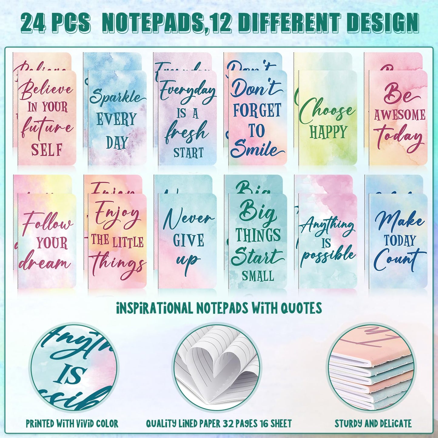 48 Pcs Watercolor Bulk Motivational Pens Inspirational Notepads Set, Pocket Motivational Quote Notebooks Ballpoint Pens, Mini Journals Gift Set for Kids Students Teachers School Office Prizes Supplies
