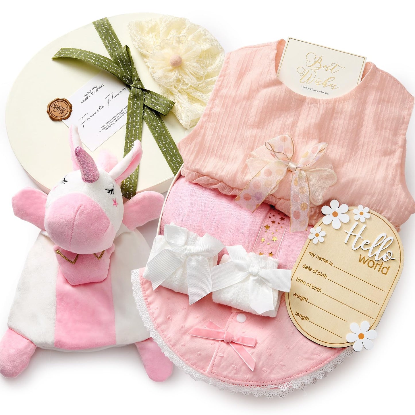 TUZT Newborn Baby Girl Gift Set, 9PCS Baby Shower Gift Box with Onesie Blanket Hand Puppet Milestone Card, New Born Essentials Birthday Present Hospital Homecoming Photography Outfit for Girls