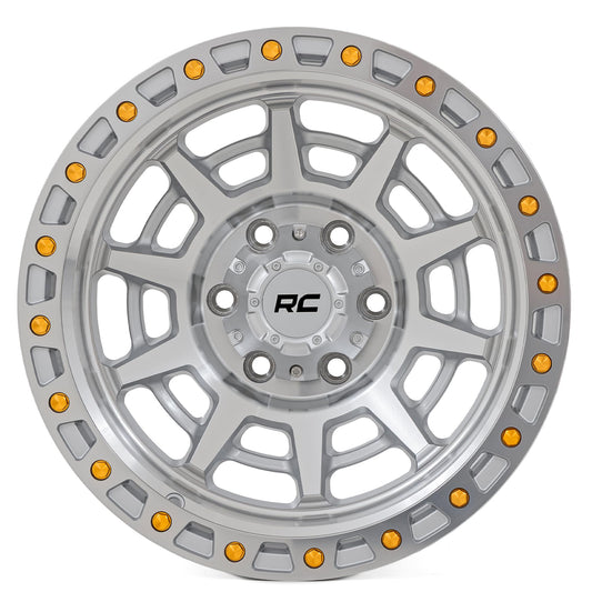 Rough Country 82 Series Off-Road Wheel - 15x8, 5x4.5" Bolt Pattern, 19mm Offset, Full Machined Aluminum with 8-Spoke Design & Simulated Beadlock Gold Hardware