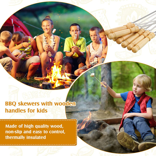 Minatee 16 Inch Kabob Skewer with Wood Handle for BBQ Camping Cookware Campfire Grill Cooking, Stainless Steel, Metal Skewers for Kabobs with Wood Handle (50 Pcs)