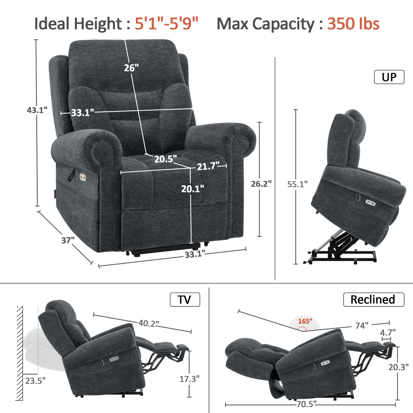 MCombo Triple Motor Power Lift Recliner Chair with Massage and Lumbar&seat Heating, Rolled Arms, Adjustable Headrest for Elderly People, Fabric 7888 (Dark Grey, Medium)