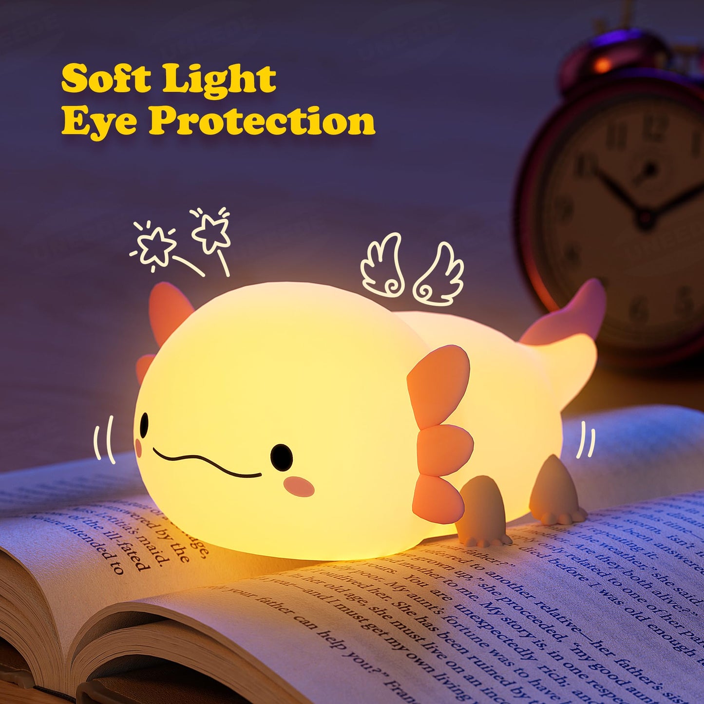 UNEEDE Axolotl Night Light for Kids, Animal Silicone Nursery Night Lamp, Rechargeable Table Lamp Bedside Lamp, Cute Room Decor Night Light for Bedroom Living Room Dining Desk Decor Gift Kawaii Toys