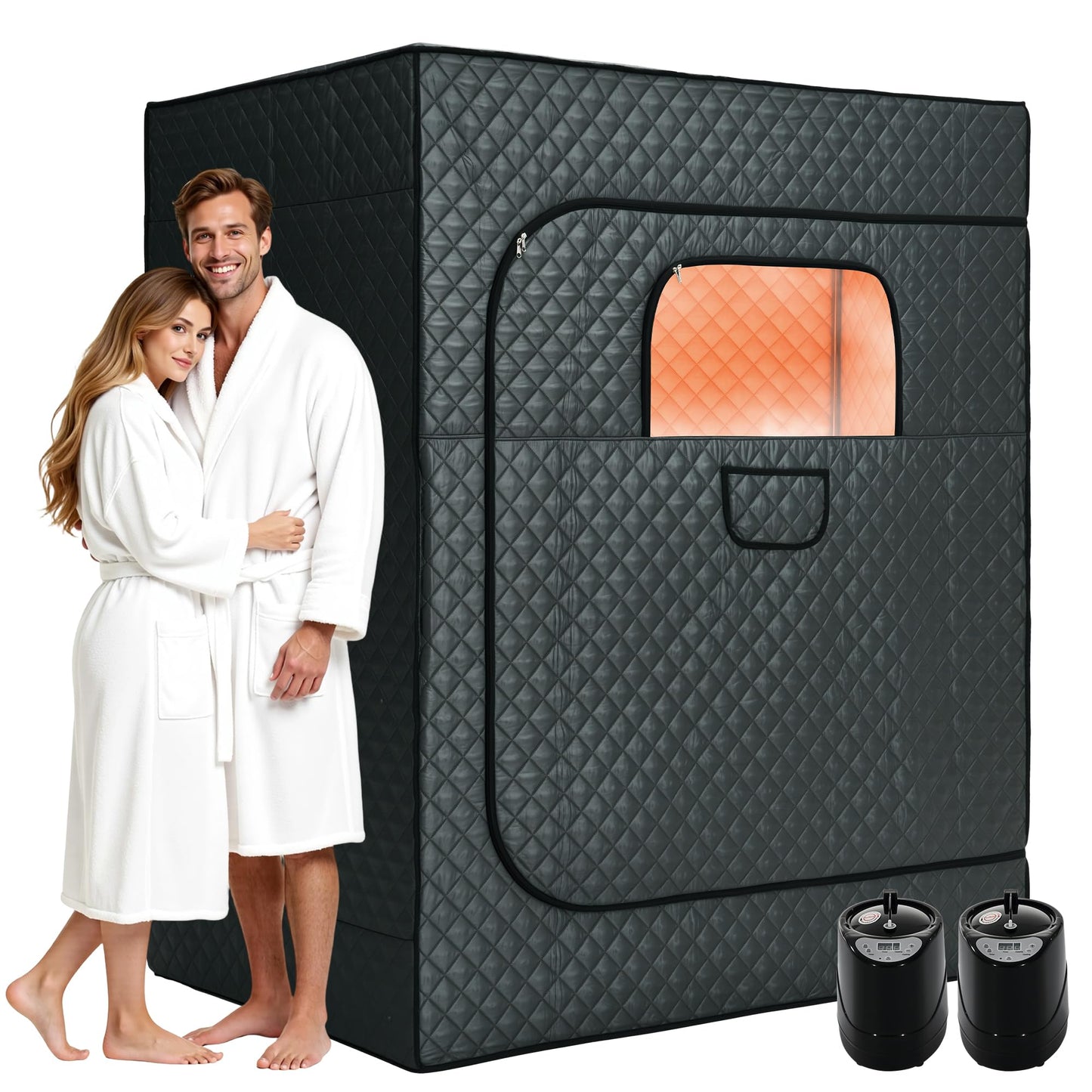 Albott 2 Person Steam Sauna for Home, Portable Sauna Tent with 3L 1500W Steamer, Extra Large Size 4.9’ x 3.3’ x 5.9’ Full Body Home Spa, Remote Control, Folding Chair, Grey