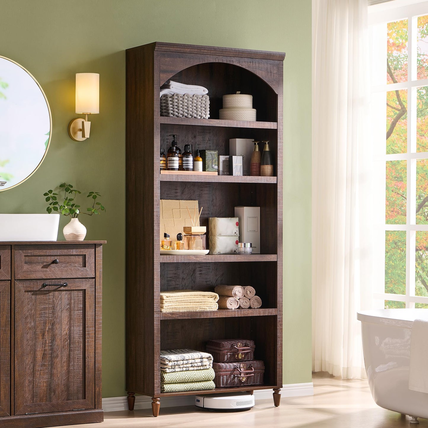 IFGET 76" Tall Arched Bookcase, Farmhouse 5 Tiers Large Arched Bookshelf Cabinet with Adjustable Shelves, Modern Wooden Book Shelf w/Storage and Open Display Shelves for Living Room, Office-Brown