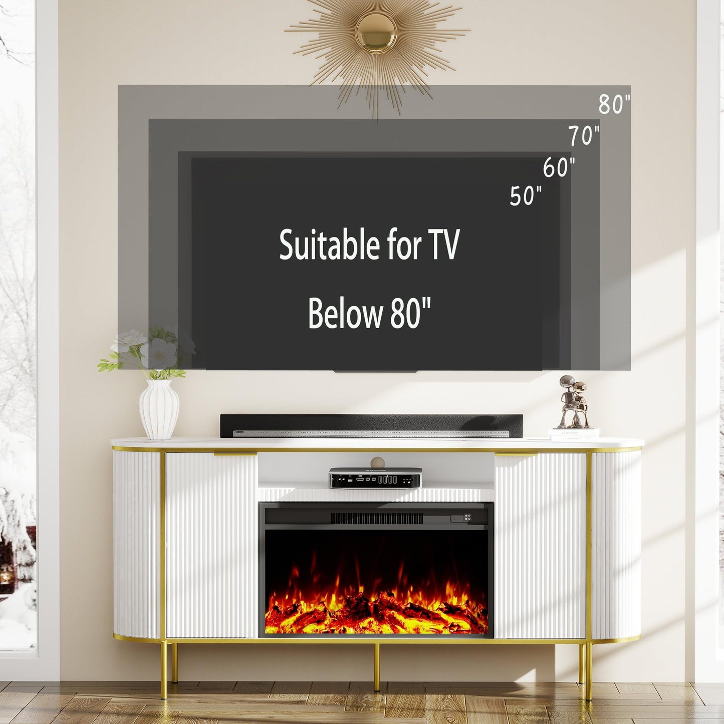Fluted Fireplace TV Stand: 70" White Entertainment Center with 30" Electric Fireplace, TV Console for 80 inch TVs, Luxury Media Console with Faux Marble Top for Living Room (White)