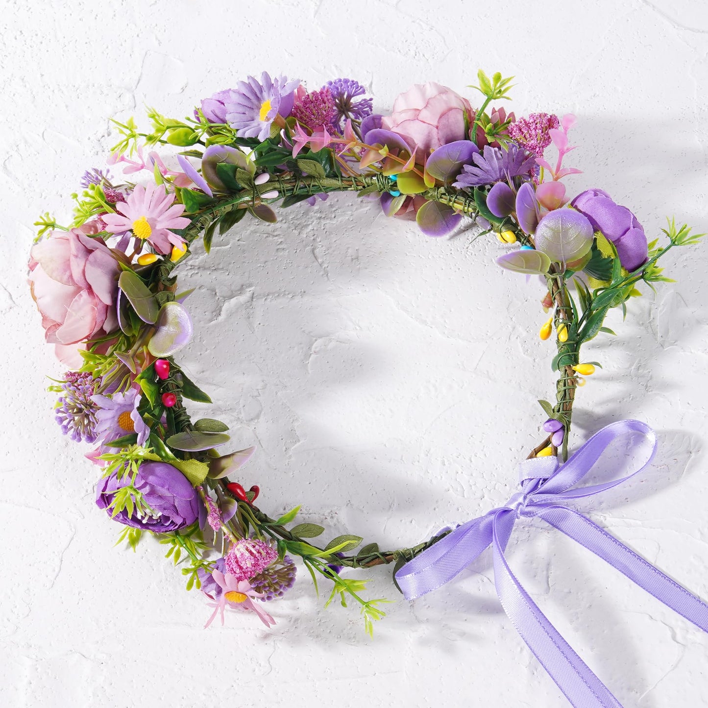 KorViSHOW Purple Flower Crown Headband, Artificial Fairy Daisy Floral Headpiece, Forest Boho Bridal Flower Crown for Women Girls Maternity Renaissance Weeding Festivals Birthday Hair Accessories
