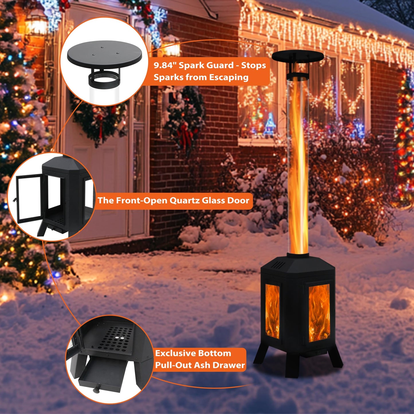Beneouya Wood Burning Patio Heater with Glass Viewing Window, Glass Tube, Fire Pits for Outside Wood Burning, Outdoor Fire Pit for Backyard, Patio