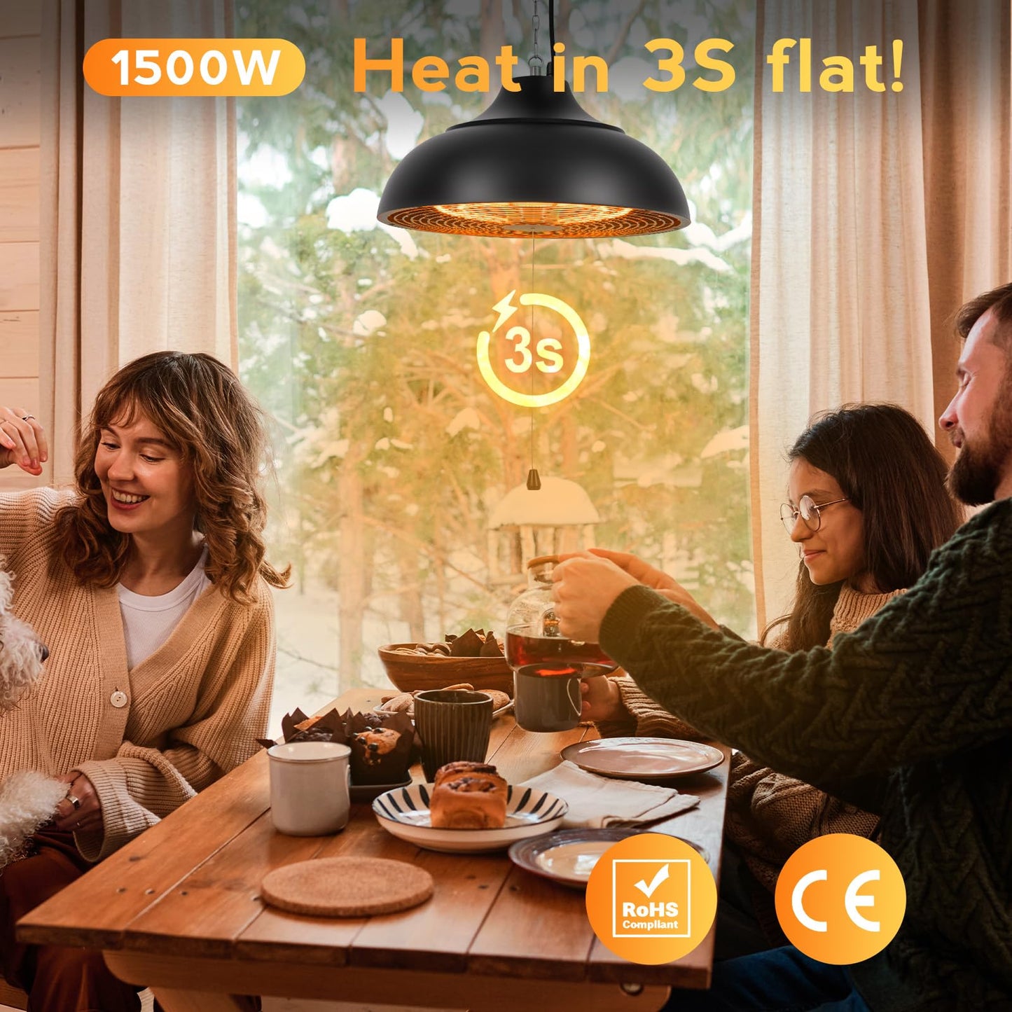 Cobuy 1500W Electric Hanging Patio Heater, 3S Instant Heat, Ceiling-Mounted Outdoor Heater with 3 Modes, Quiet Operation, Overheat Protection, IP55 Waterproof for Patio, Balcony (black, hanging)