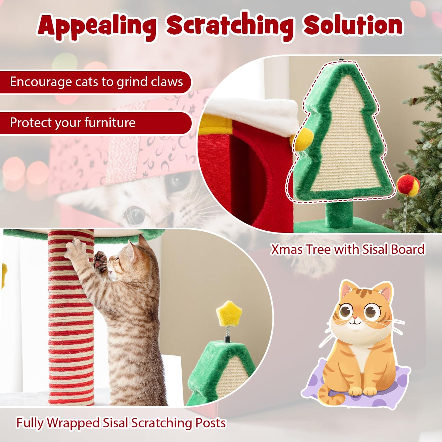 PETSITE 61 inch Christmas-Themed Cat Tree, Multi-Level Cat Tower with Sisal Scratching Posts, 2 Gift Box-Shaped Cat Condos, Hanging Teasing Ball, and Spring Toys, Cute Cat Tree Tower for Indoor Cats
