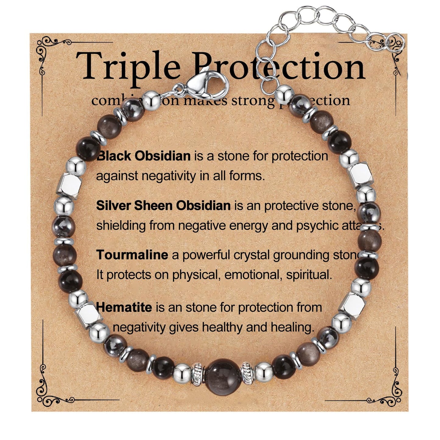 Triple Protection Bracelet for Women, Hematite Black Tourmaline Obsidian Bracelets Natural Healing Stone Empath Protection Bracelets for Women, Energy Healing Crystals Luck Wish Bracelet -(TP)