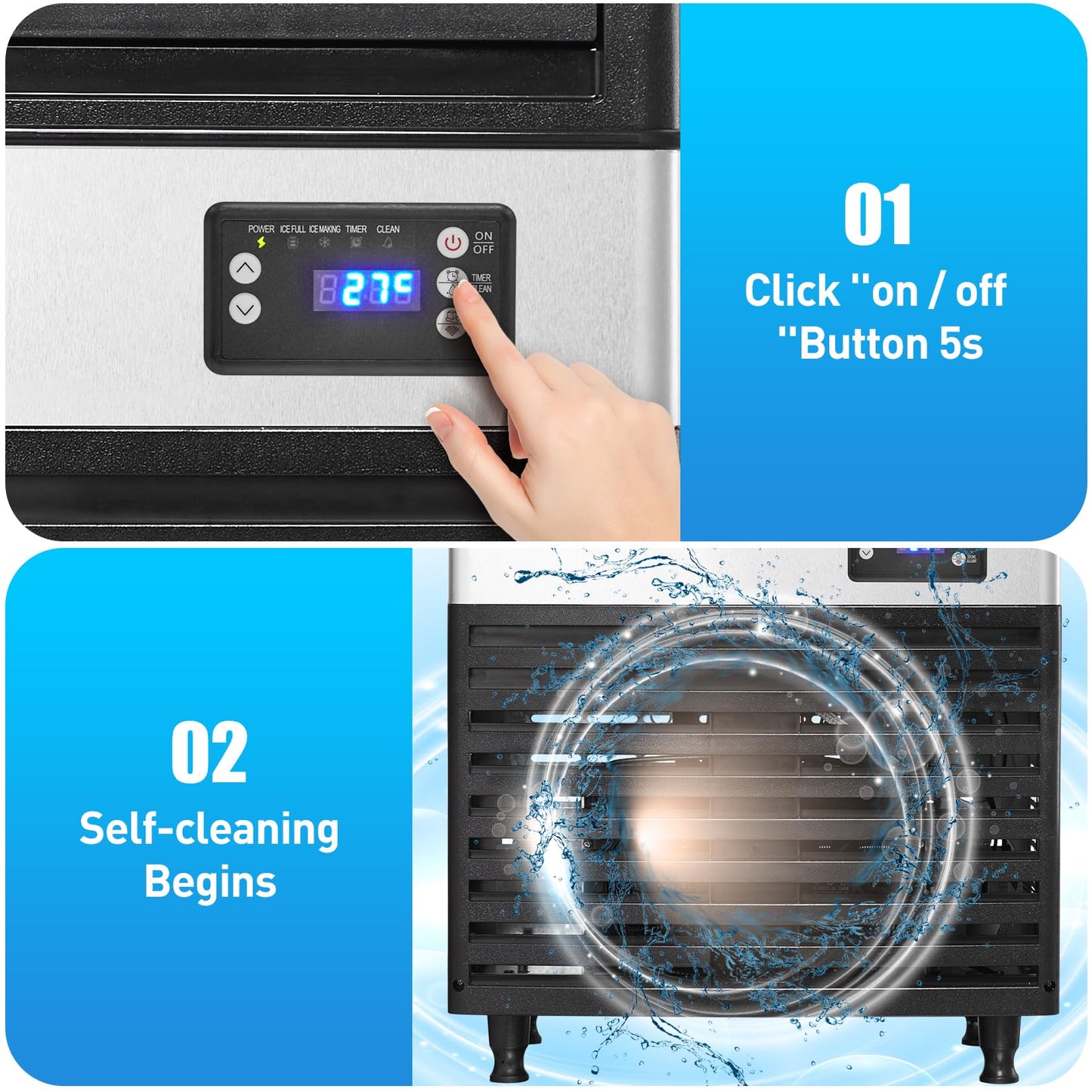 YardYonder Commercial Ice Maker Machine - 130Lbs Daily Production, 27Lbs Storage Bin, Thick 0.9-Inch Ice Cubes, Automatic Cleaning Function - Perfect for Home, Bars, Hotels, and Restaurants