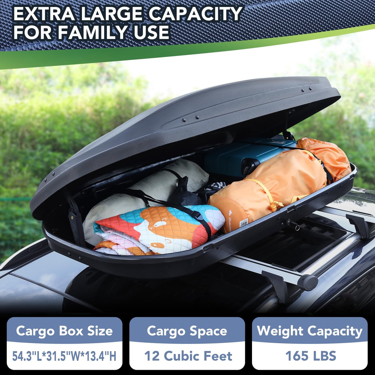 Dual-Side Opening Hard Shell Rooftop Cargo Carrier, 12 Cubic Feet Roof Cargo Box, 165 lbs Capacity, Secure Straps & Keys, Waterproof Car Top Storage Box for Travel
