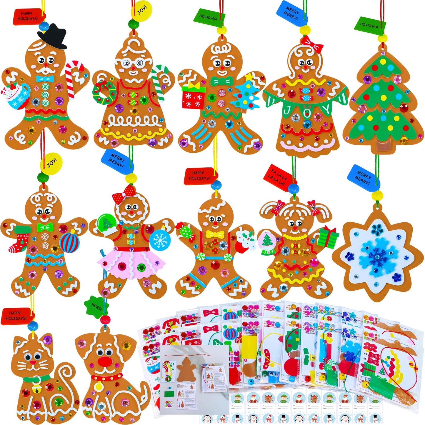 Winlyn 24 Sets 12 Designs Christmas Craft Kits Winter Crafts DIY Gingerbread Man Xmas Tree Ornaments Decorations Festive Foam Stickers Arts and Crafts Kids Holiday Classroom Activities Party Favors