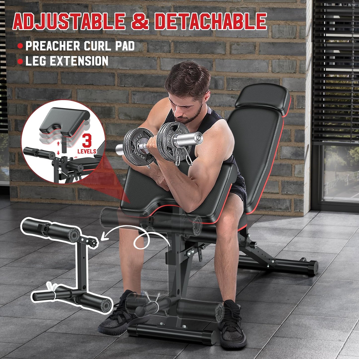 XDDIAS Workout Bench, Adjustable Weight Bench with Leg Extension and Leg Curl, Extended Headrest, 900LBS Preacher Curl Bench, Included 2 * 10LBS+2 * 25LBS Weight Plates