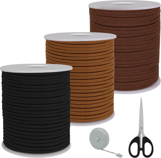 3 Colors Flat Suede Leather Cord, Larbeti 148 Yard Leather String Cord for Jewelry Making Thin Suede String Ribbon Lace for Crafts, Hats, Shoes, Necklaces, Bracelets with Scissors, Ruler
