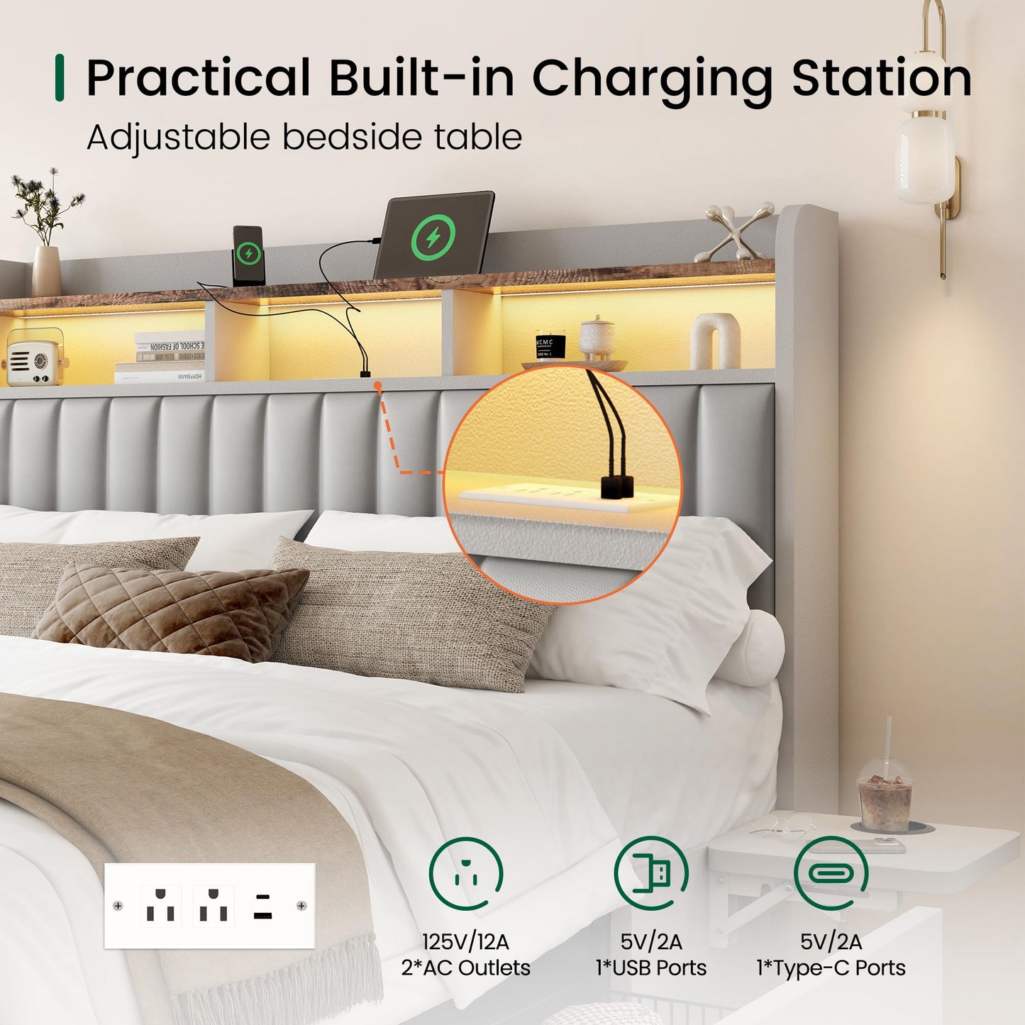 BRELTAM King Bed Frame with Headboard,4 Storage Drawers,and Built-in Adjustable Desk,Charging Station,Easy Assembly,No Box Spring Needed,Light Grey
