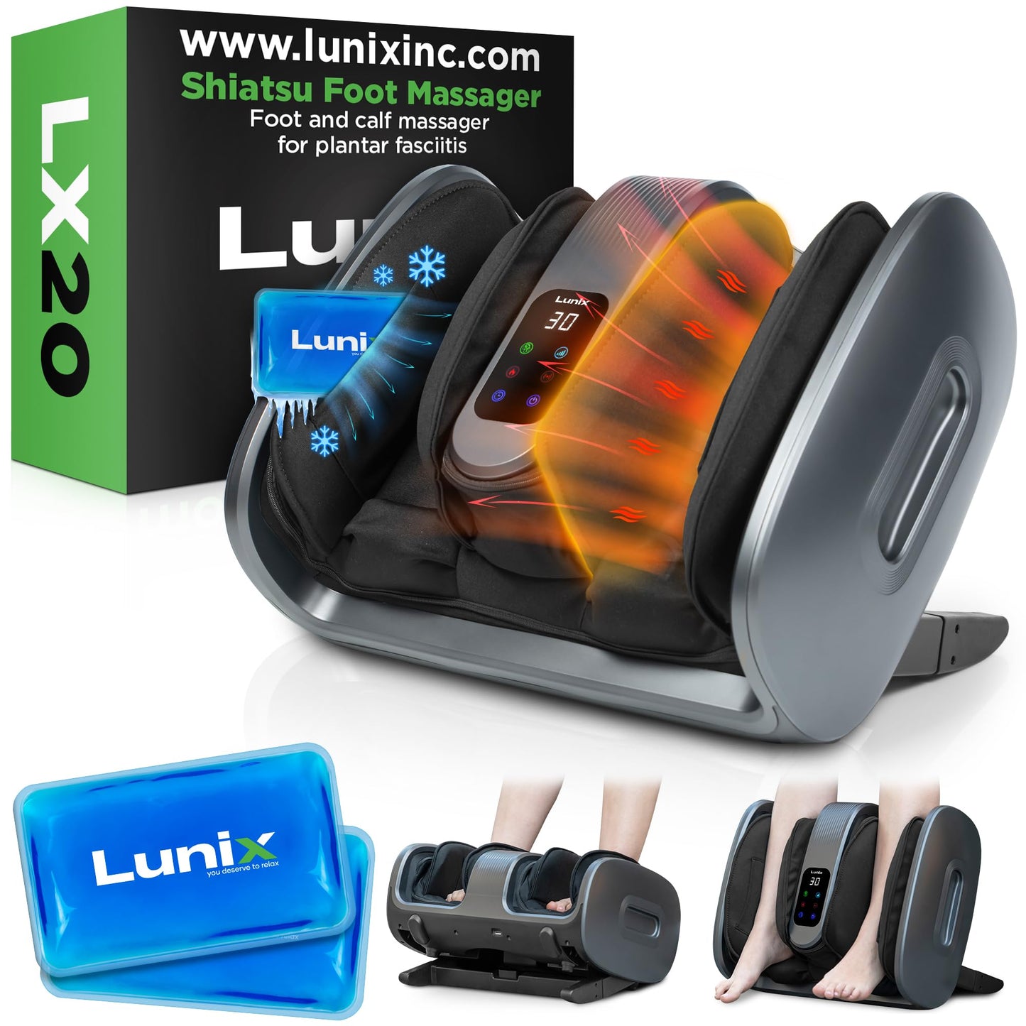 Lunix LX20 FSA Foot Massager for Pain Relief and Circulation, Foot and Calf Shiatsu Massager for Plantar Fasciitis and Neuropathy with Heat, Ankle Therapy Device