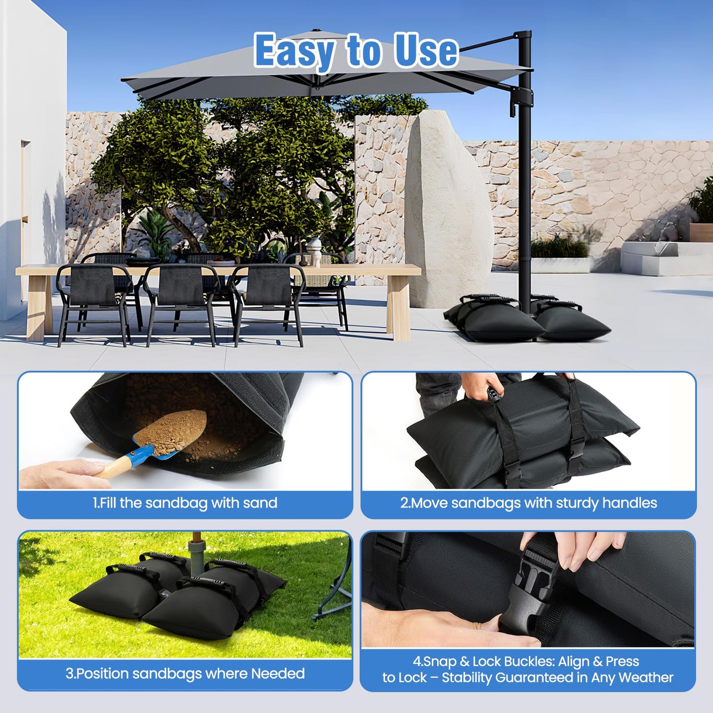 Malomke Sand Bags for Weight, 4-Pack 50LBS Heavy-Duty Fillable Sandbags for Weight to Hold Down Umbrella Base, Patio & Cantilever Umbrella Stands, Outdoor Furniture(Without Sand)(4, Medium)