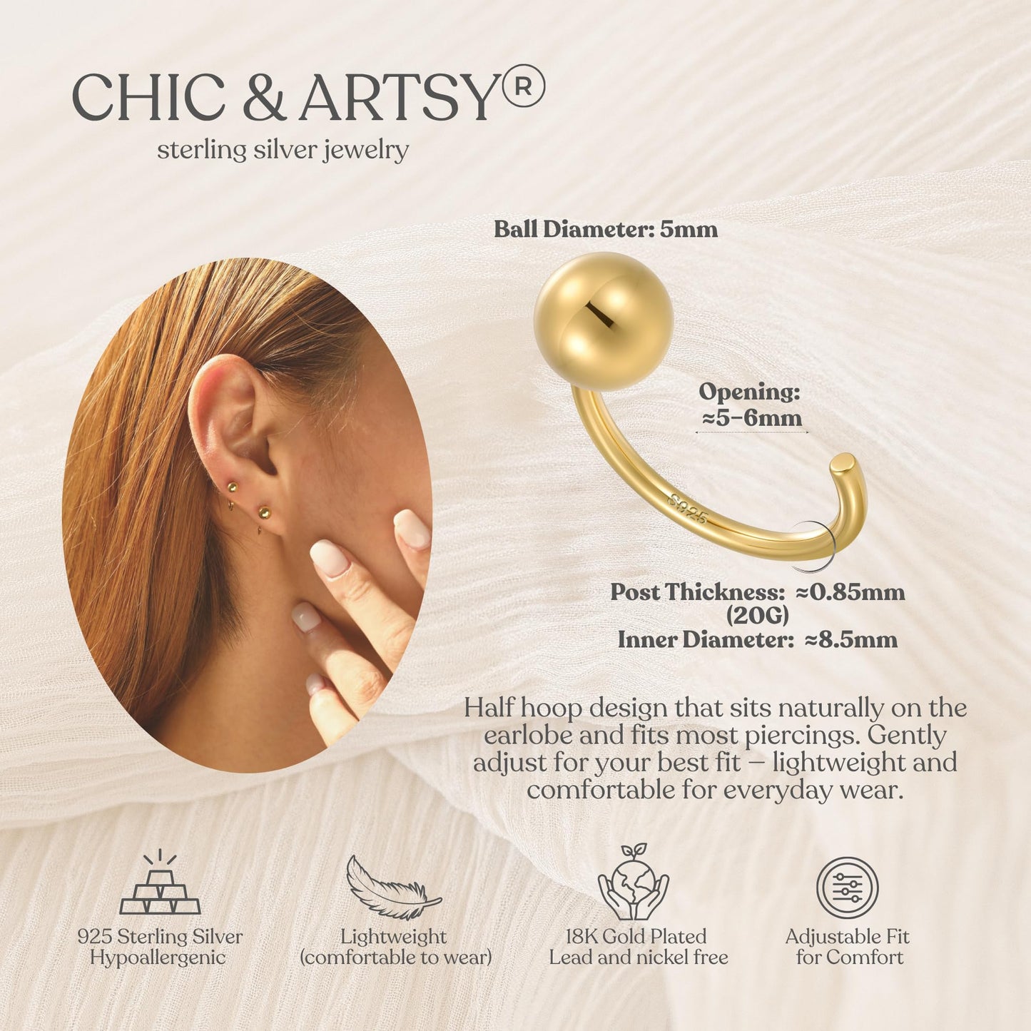 CHIC & ARTSY Backless Earrings for Women 18K Yellow Gold Plated 925 Sterling Silver Half Huggie Hoop Earrings 5mm Ball No Back Earrings Stay Close Hoop Earrings Nap Earrings