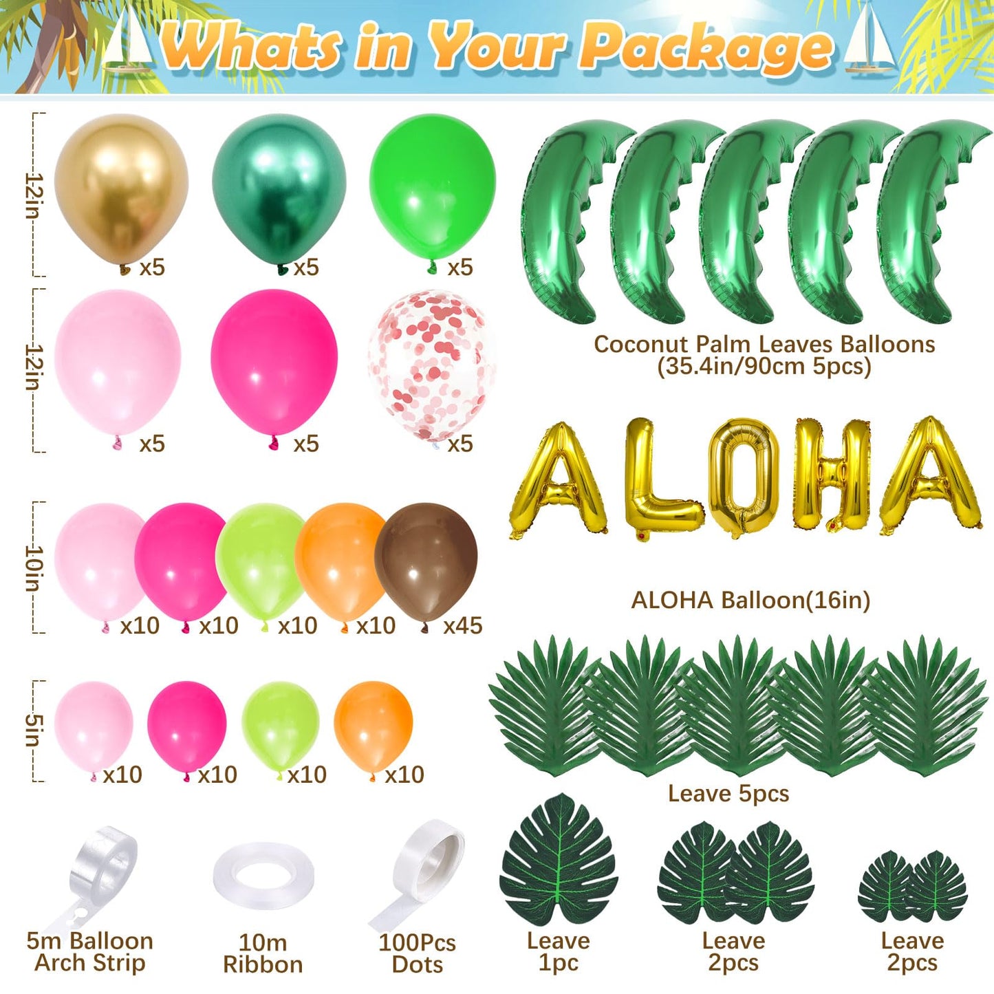 SNLN 178Pcs Tropical Luau Balloons Arch Garland Kit Hawaiian Party Decorations with Coconut Balloon Tree, Aloha Foil Balloons, Palm Leaves, Kids Adult Summer Beach Pool Luau Birthday Party Decorations