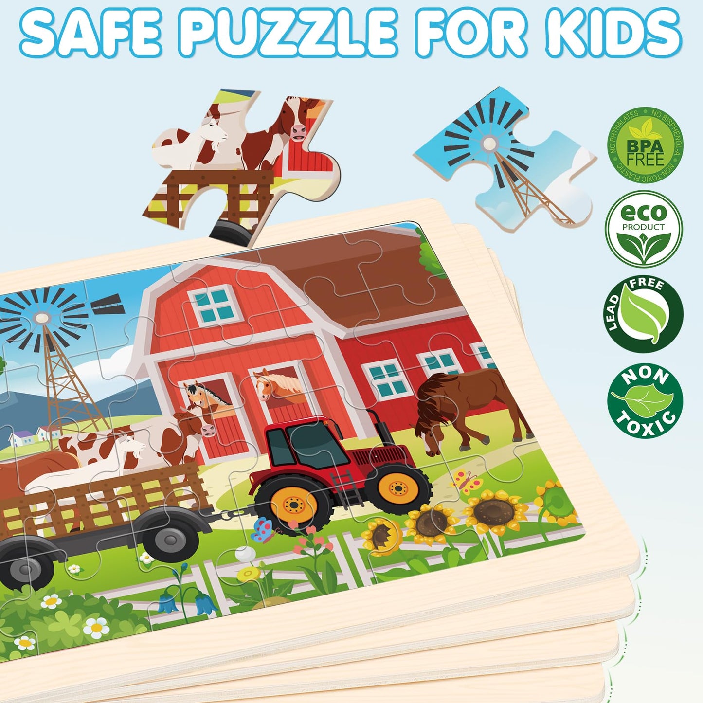 4-in-1 Farm Wooden Puzzles for Kids Ages 4-6, 24 PCS Wooden Jigsaw Puzzles for Toddlers Ages 3-5, Preschool Educational Puzzles Boards Toys Gifts for 3 4 5 6 Boys Girls